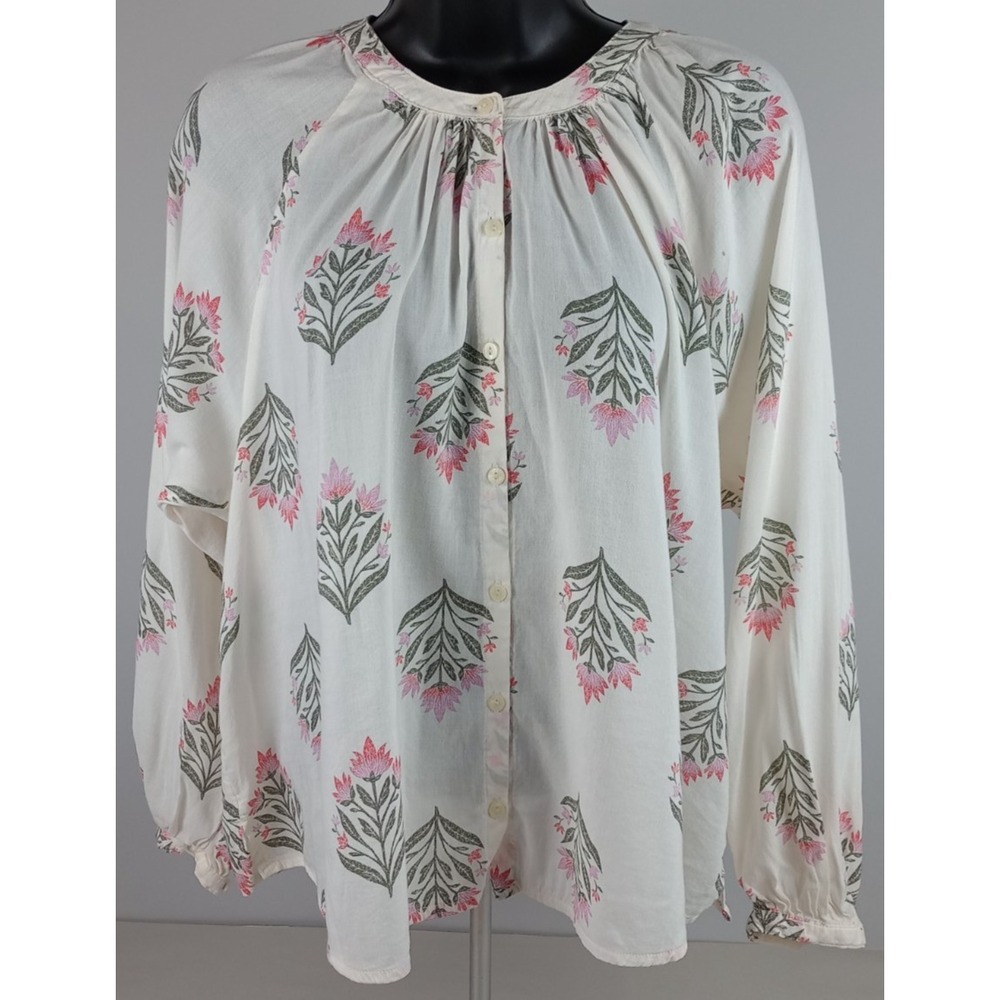 Old Navy Womens XS Cream Pink Floral Long Poet Sleeve  Button Down Blouse‎